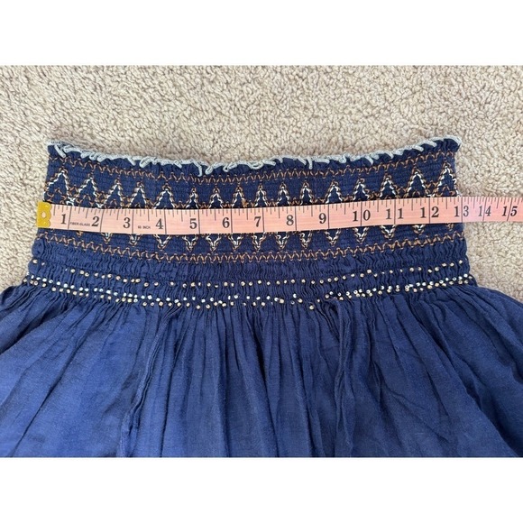 Free People Navy Blue Smocked Embroidered Tiered Ruffle Mini Skirt Boho Womens - Picture 5 of 11